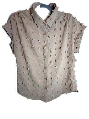 BOTHENIAL Women's Button Down Short Sleeve Blouse with Textured Swiss Dot Detail